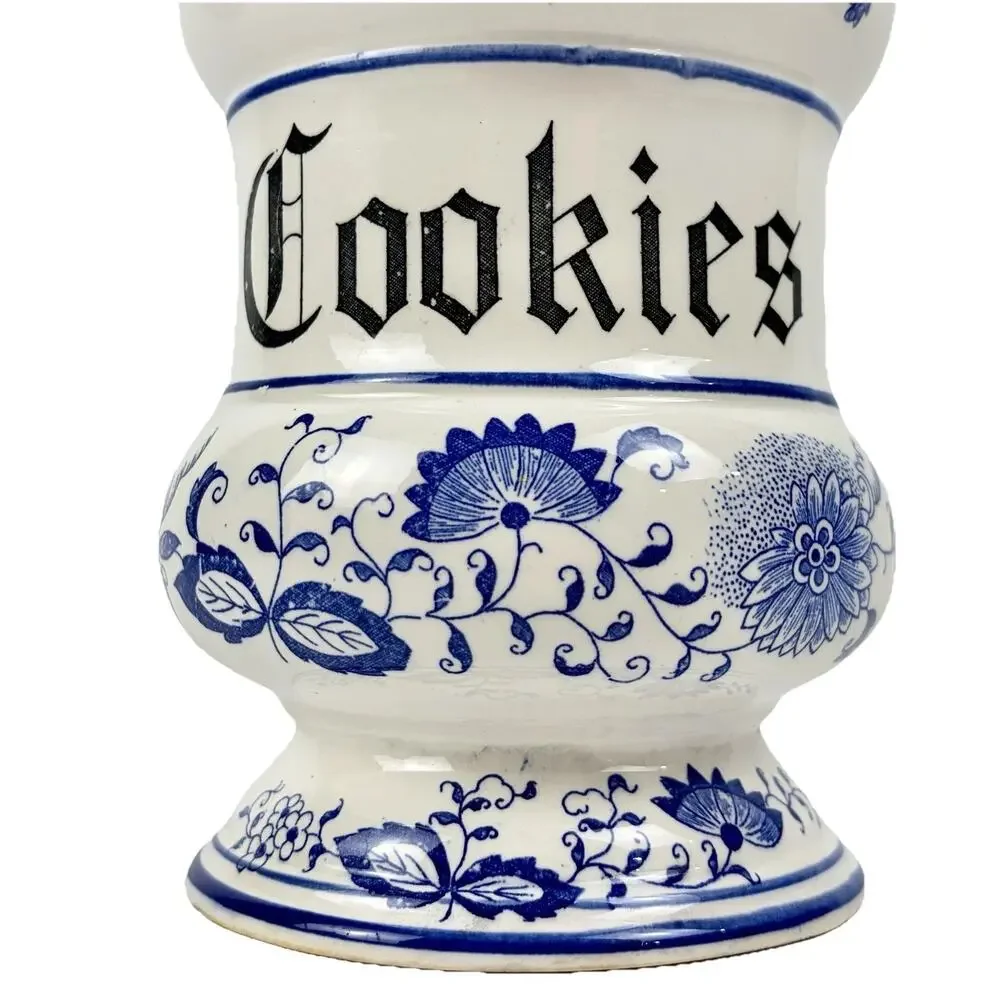 VTG Arnart Blue Onion Danube Ceramic Cookie Canister Jar w/Lid White Floral Blue